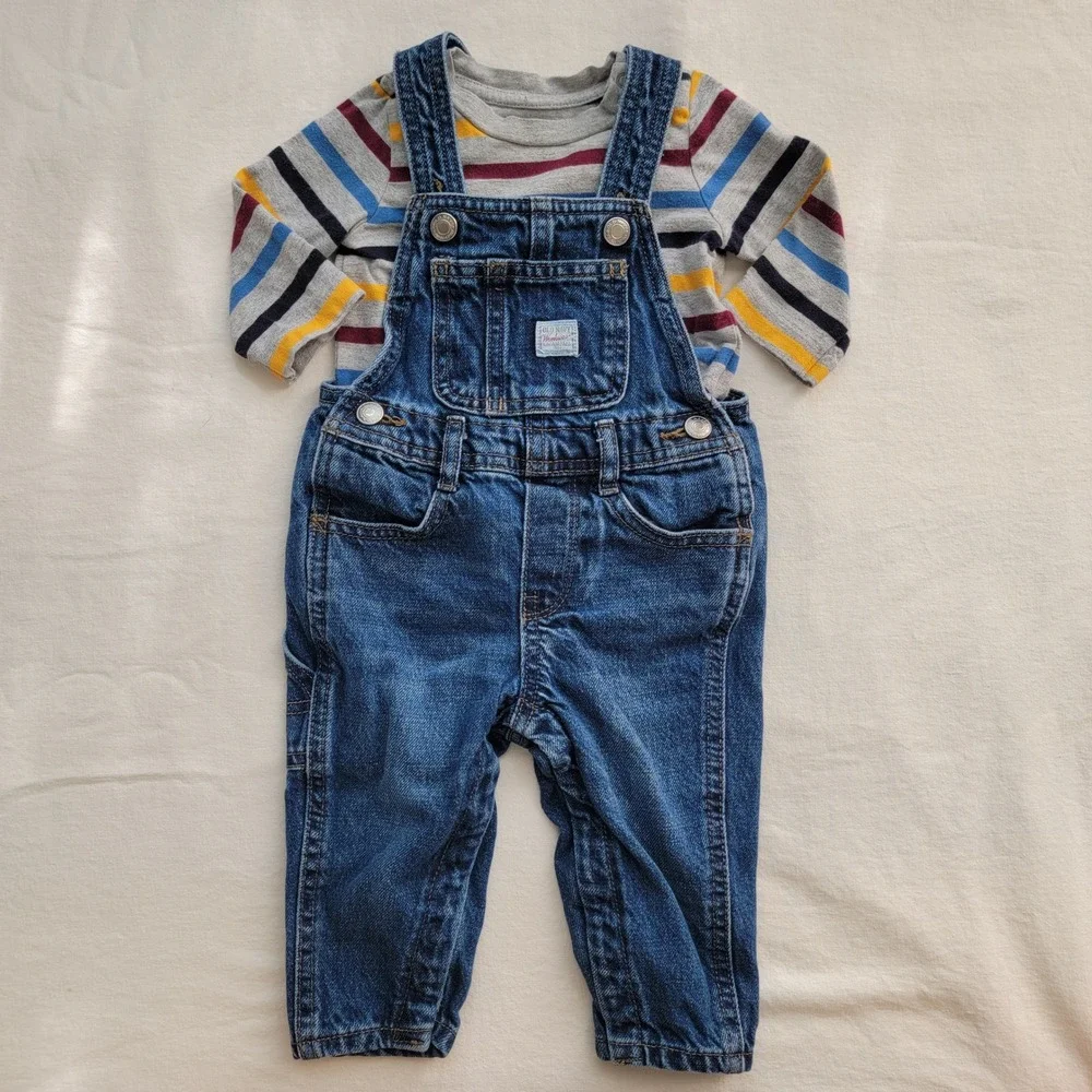 Old Navy Denim Overalls Gap Striped Bodysuit Set Toddler 12-18M Blue Grey Fall